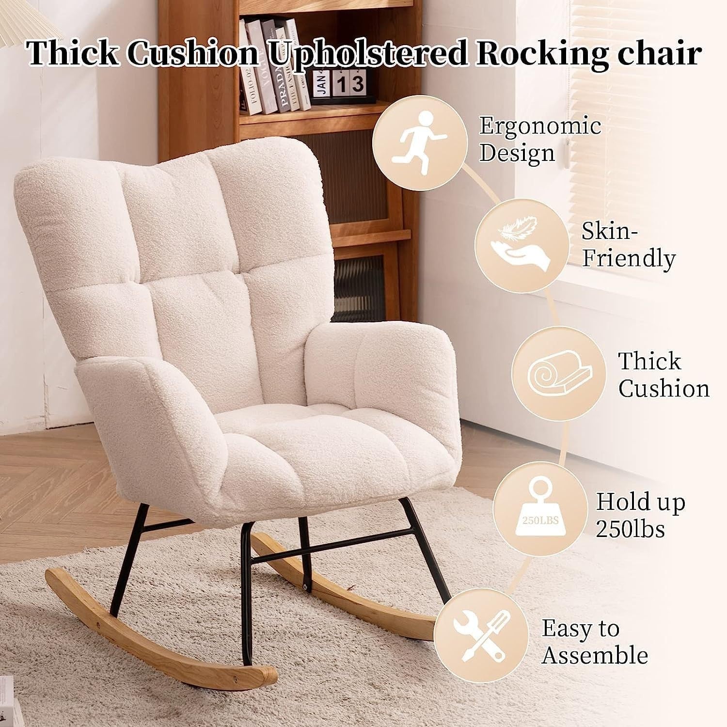 Beige Rocking Chair Soft Lounge Armchair 450lbs Support, Comfy & Sturdy