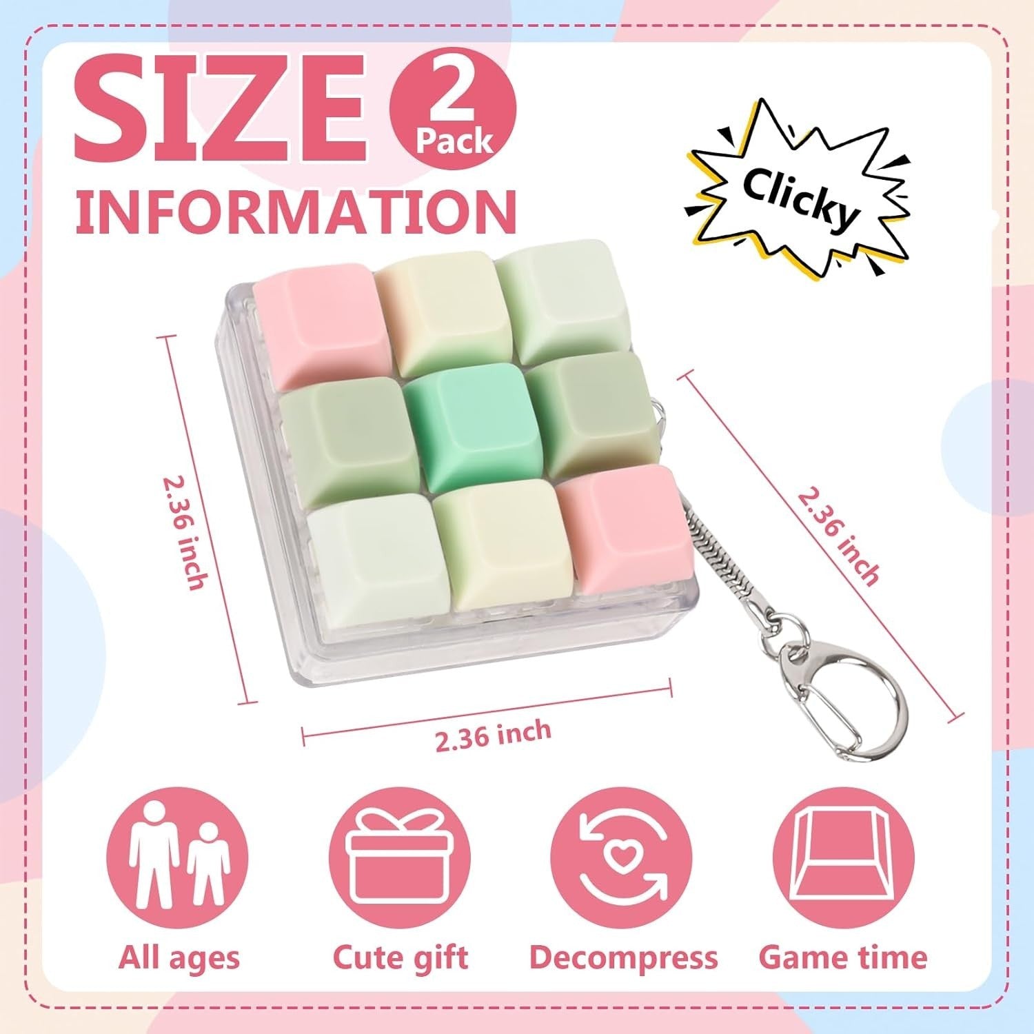 2 Pack Keyboard Fidget Clicker Stress Relief Keychain Toy Pink Green