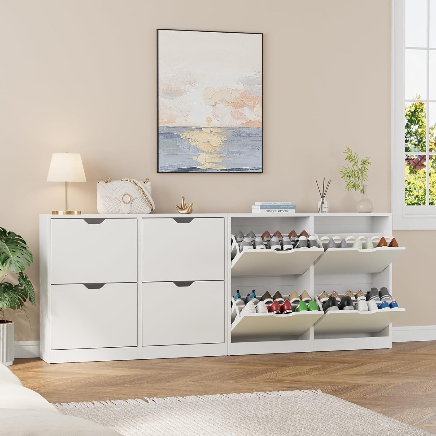 Modern White Shoe Cabinet with 4 Flip Drawers – Slim Storage for Hallway