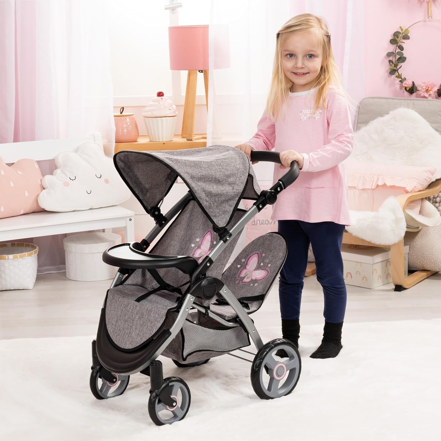 Twin Doll Pram Double Stroller Foldable Adjustable Handle Basket Bag