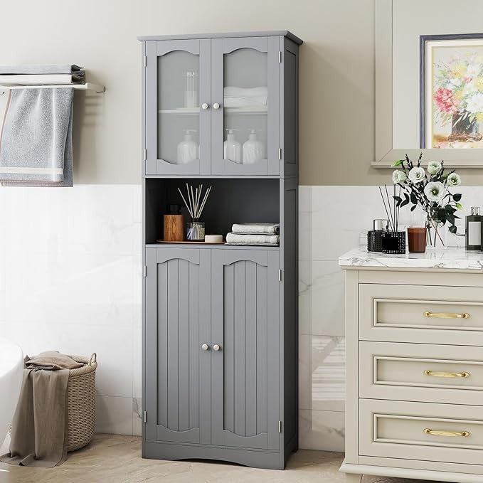 Tall Grey Storage Cabinet with Glass Doors & Adjustable Shelves 164cm