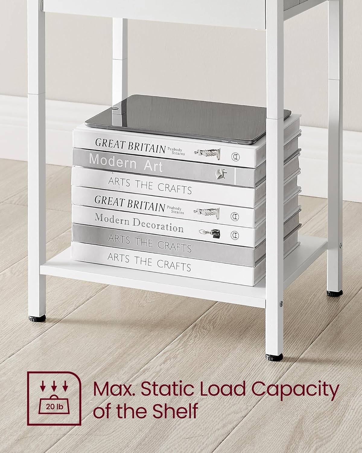 Set of 2 Tall White Bedside Tables with Drawer & Shelf, Modern 24-Inch Nightstan