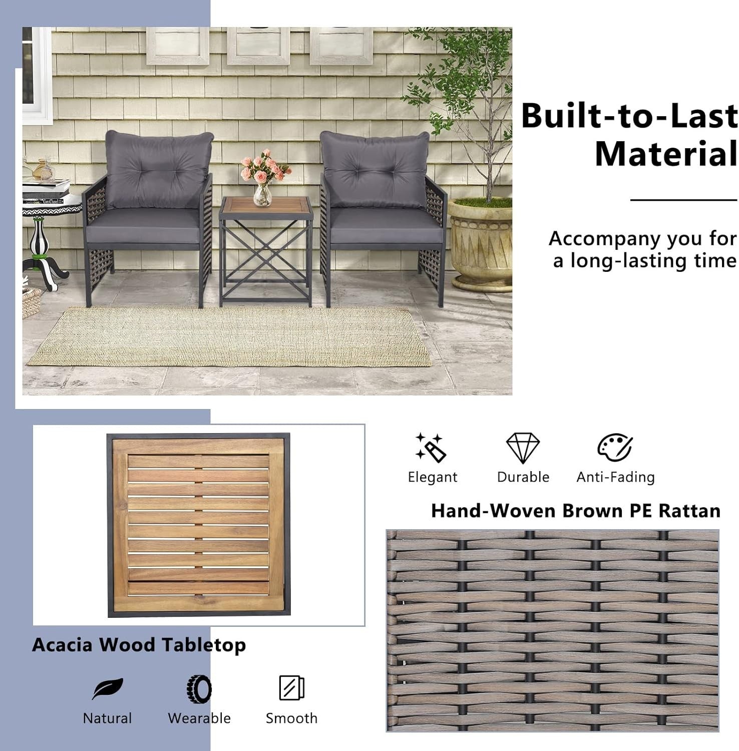 Outdoor Rattan Bistro Conversation Set Acacia Table Soft Cushions Patio