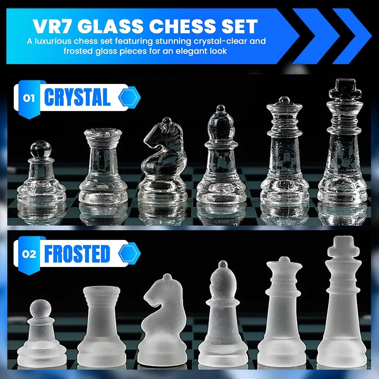 Glass Chess Set 35cm Luxury Frosted & Clear Board Crystal Game Set