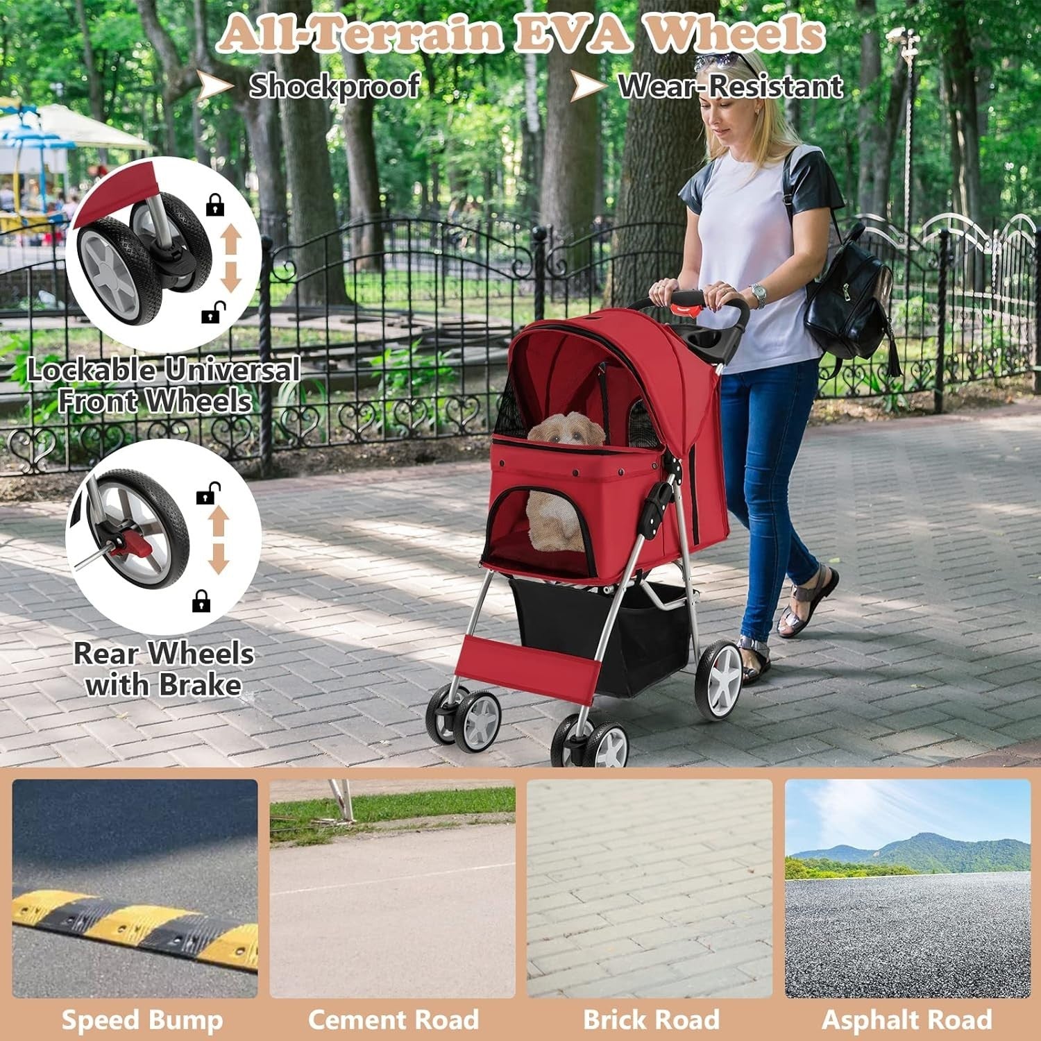 Pet Stroller Foldable Dog Cat Pushchair Lockable Wheels Canopy 15kg
