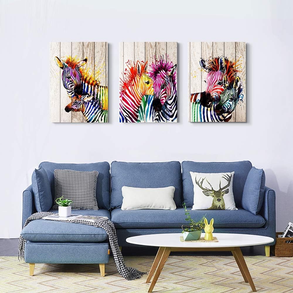 3Pcs Colorful Zebra Watercolor Canvas – Modern Animal Wall Art 12x16in