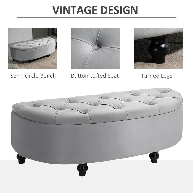 Grey Storage Ottoman Bench Tufted Velvet Seat End of Bed Entryway Stool
