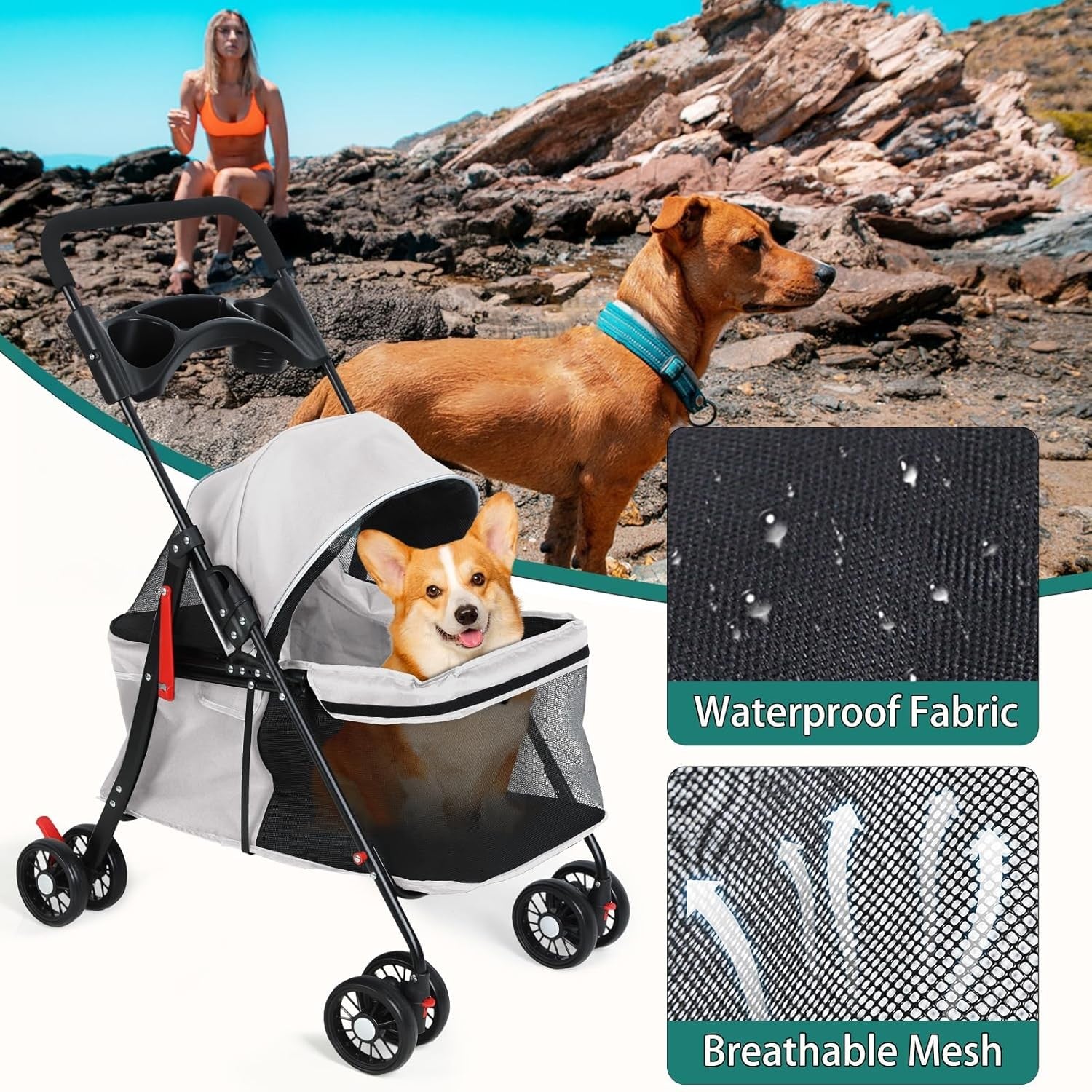 Pet Stroller for Dogs & Cats up to 50lbs 4 Foldable Travel Pushchair