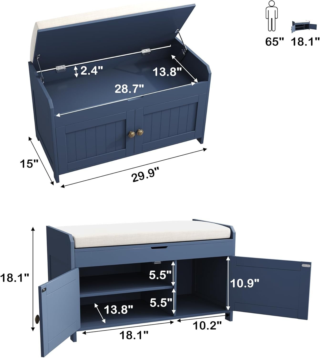 Blue Upholstered Shoe Storage Bench with Cushion Seat Cabinet Entryway 100x36x45