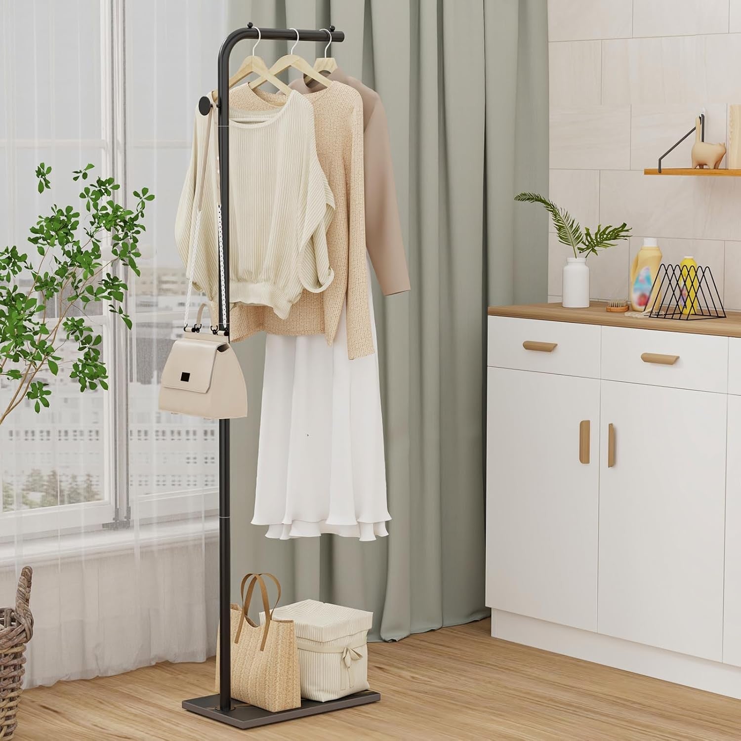 Tall Metal Coat Rack Stand 180cm Freestanding Clothes Rail with Hooks Black