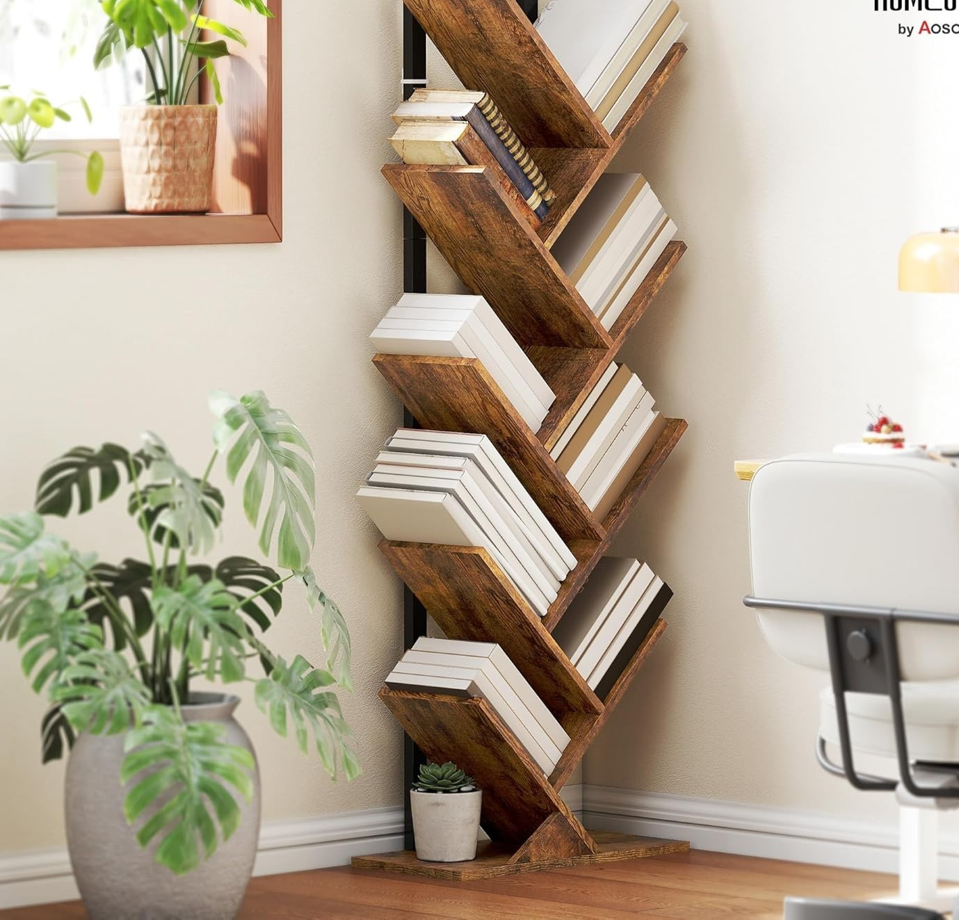 9 Tier Tree Bookshelf Industrial Storage Unit with Steel Frame Rustic Brown