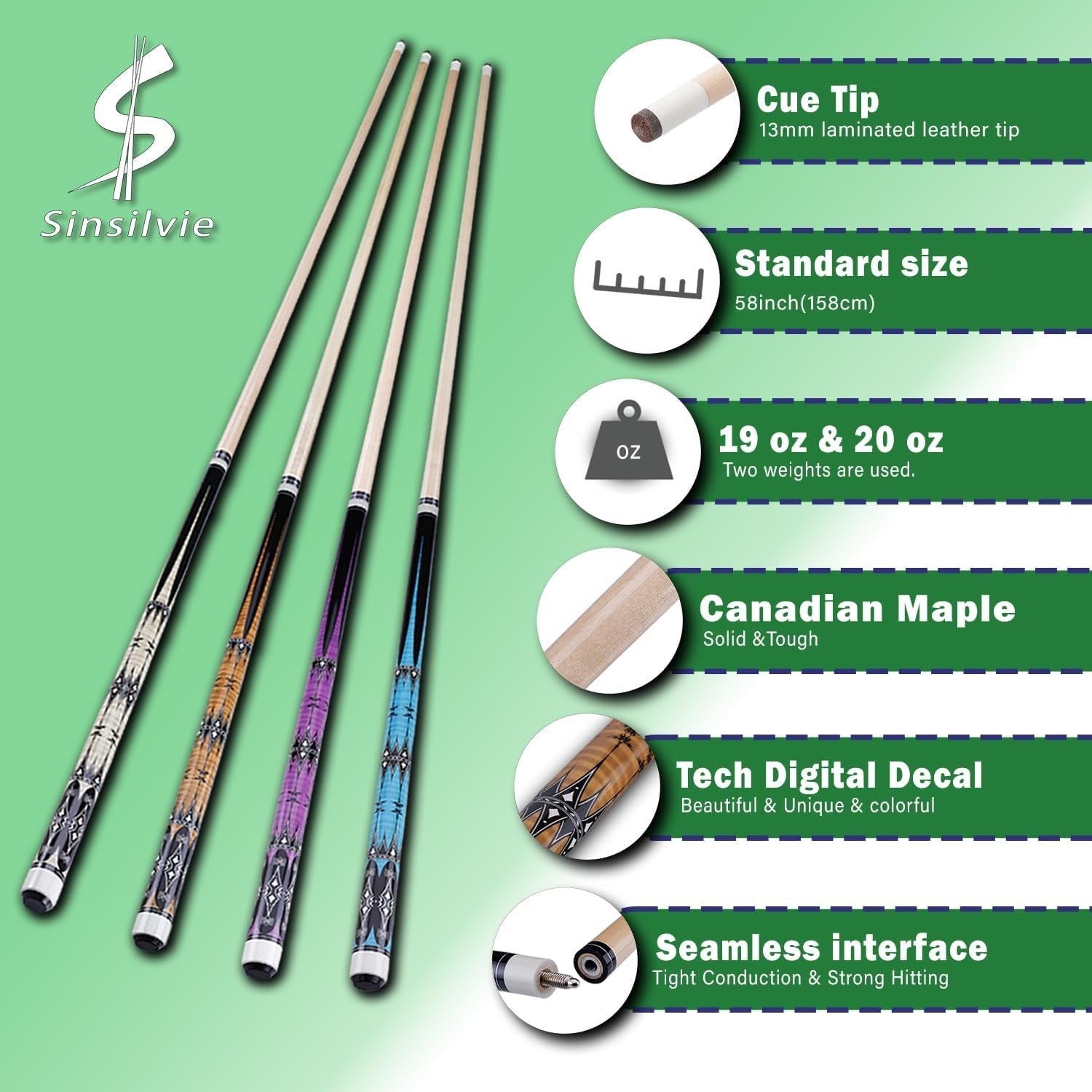 13mm 58 Inch 2 Piece Maple Pool Cue 19oz 20oz Billiard Stick