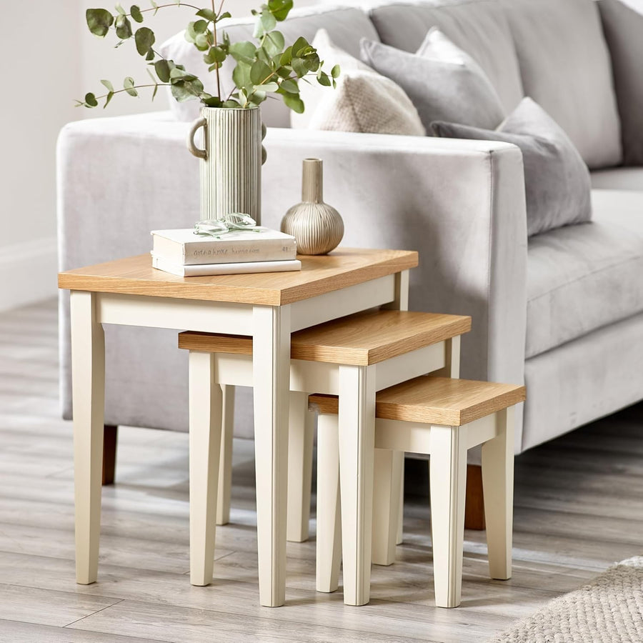 Nest of 3 Solid Wood Nesting Tables Modern Oak Veneer Side End Coffee Set