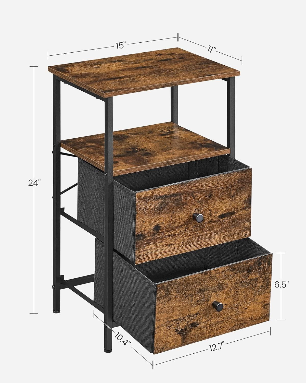 Rustic Tall Bedside Table with 2 Fabric Drawers & Open Shelf, Industrial Style