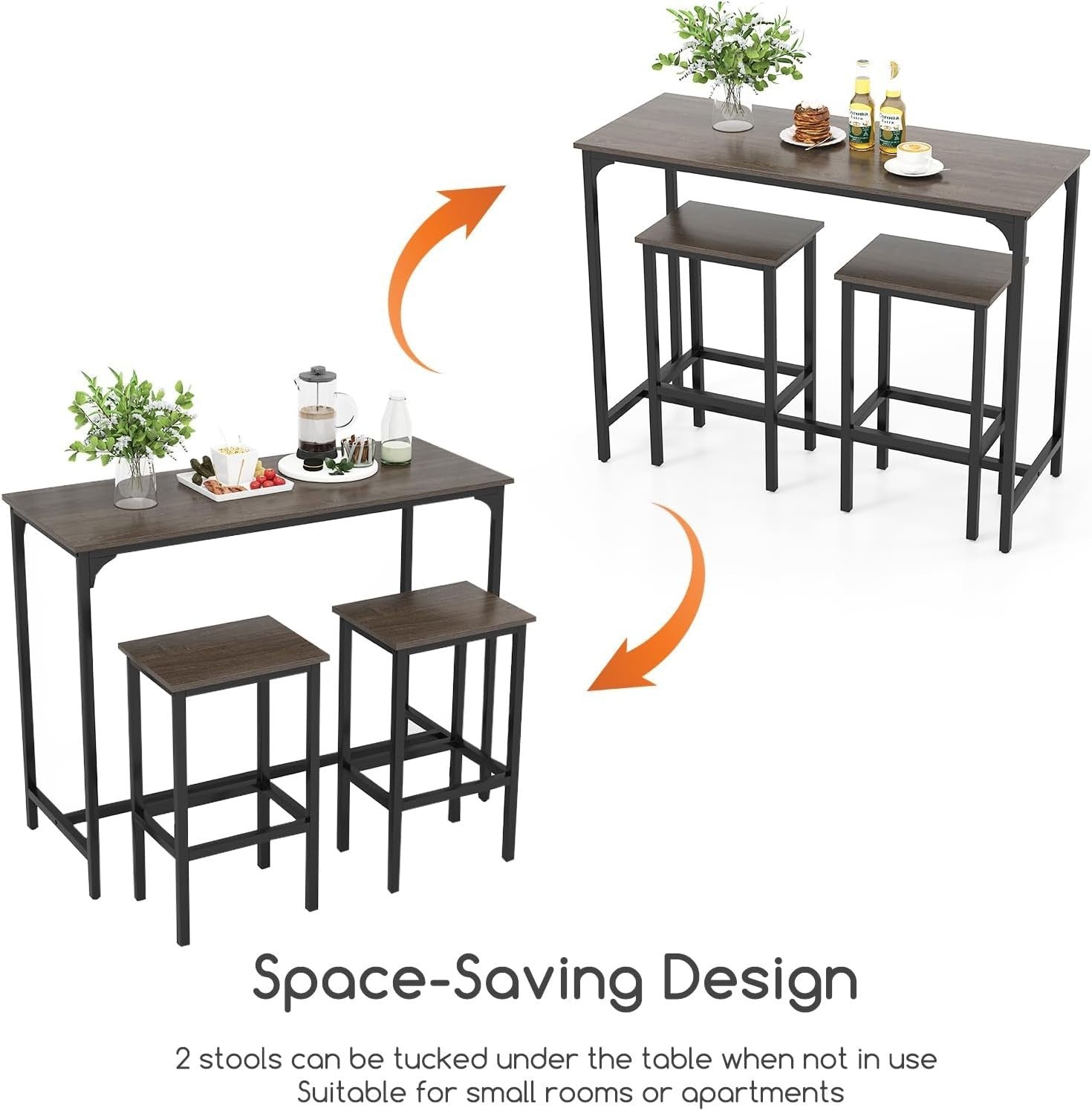 3PCS Gray+Black Bar Table Set with 2 Stools, Metal Frame Dining Set Furniture