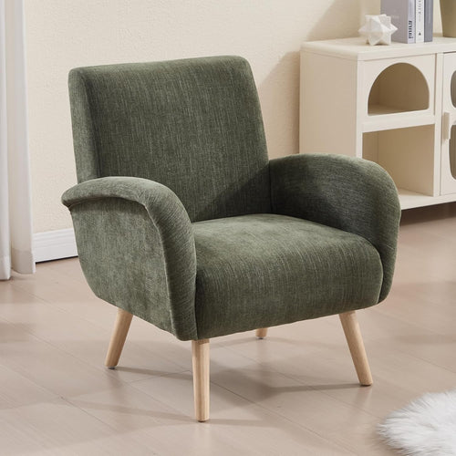 Green Chenille Accent Tub Chair Wooden Legs Modern Armchair