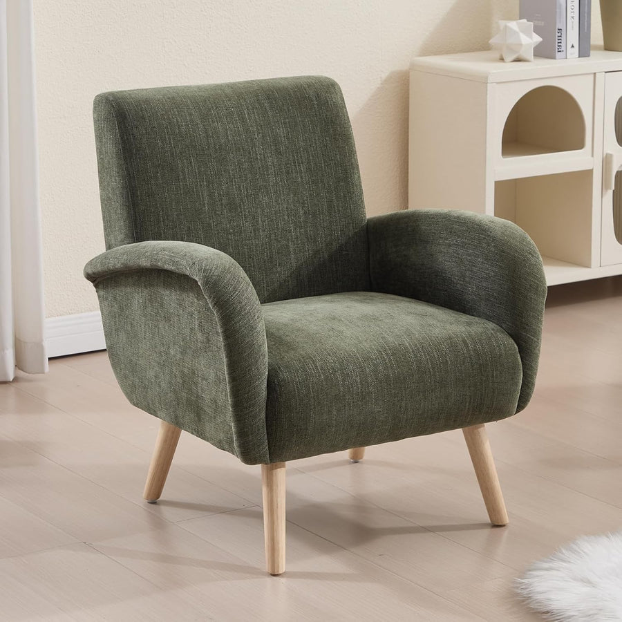 Green Chenille Accent Tub Chair Wooden Legs Modern Armchair