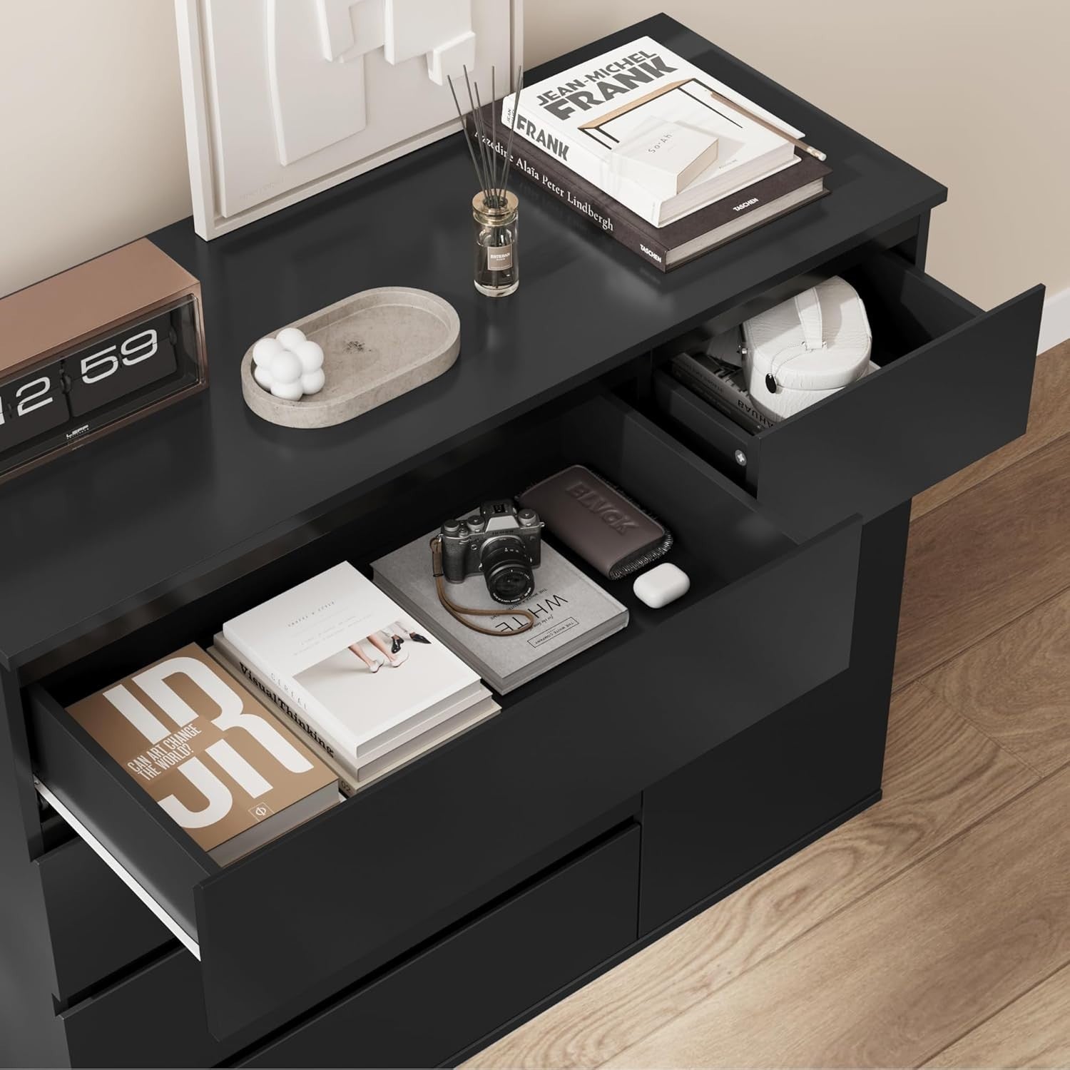 Black Chest of Drawers 5 Drawer 1 Door Cabinet Wide Storage Unit 100cm