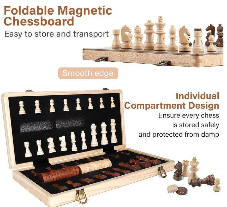 39cm Wooden Magnetic Chess Set 2-in-1 Folding Chess & Checkers Board
