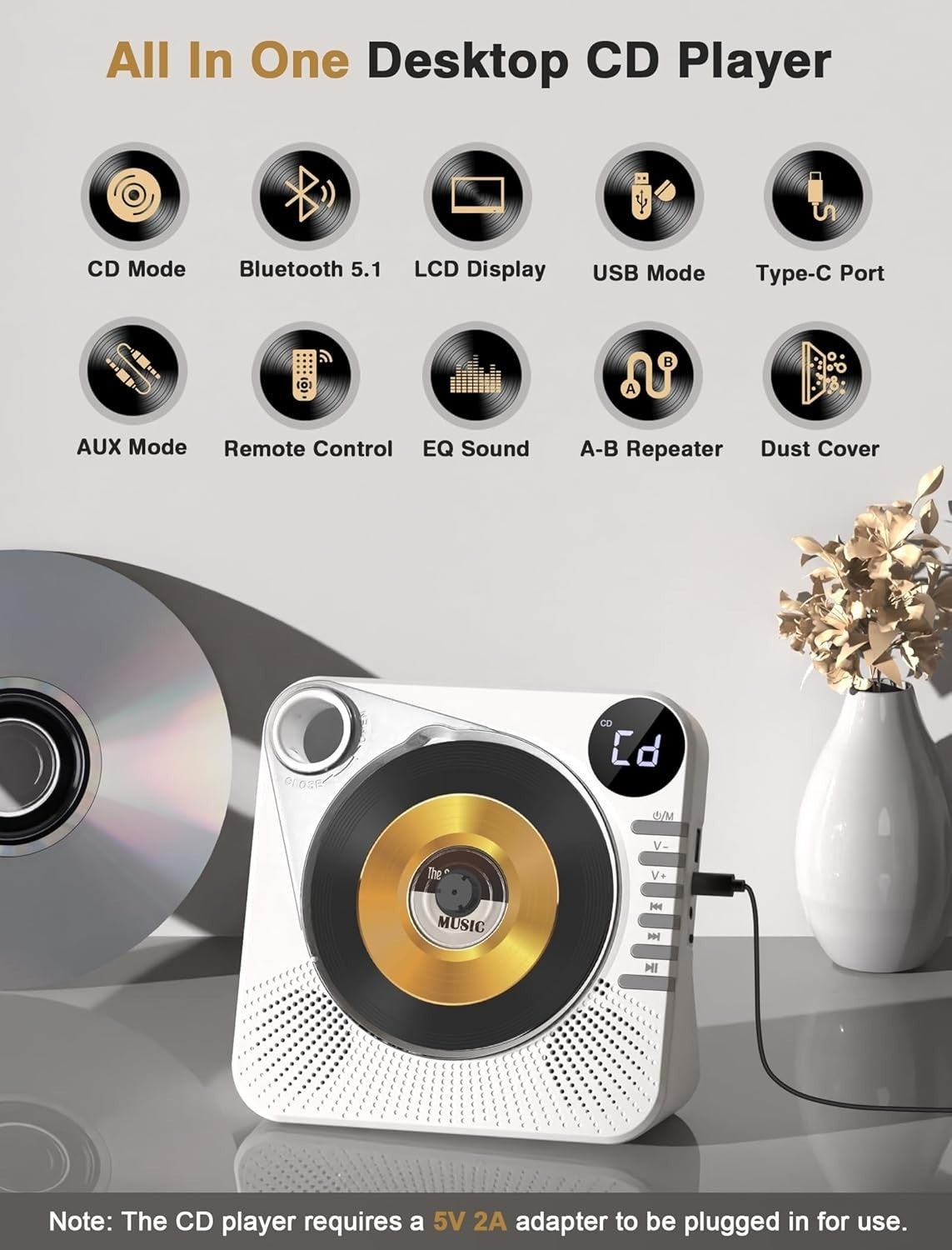 Bluetooth 5.1 CD Player w Speakers LED Display Remote USB AUX White