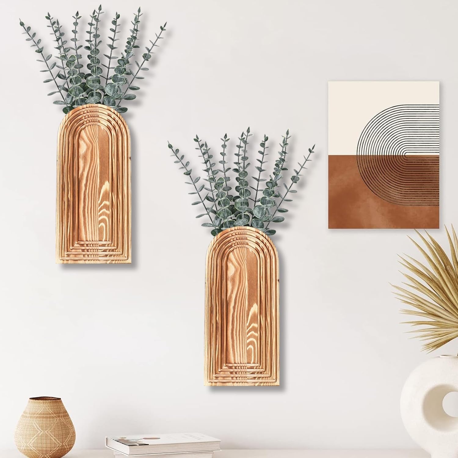 Modern Wall Wood Vase Set of 2 Brown Farmhouse Entryway Hanging Decor