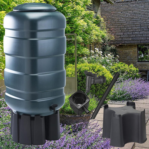 150L Slimline Garden Water Butt Set With Stand Tap and  Filler Kit Green