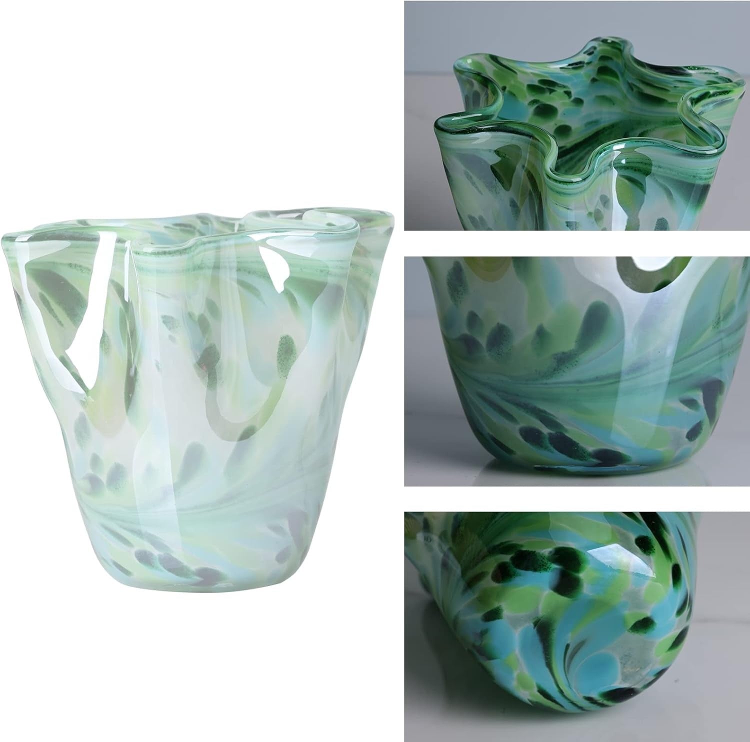 Hand Blown Teal Glass Vase Modern Irregular Wide Mouth Art Home Decor