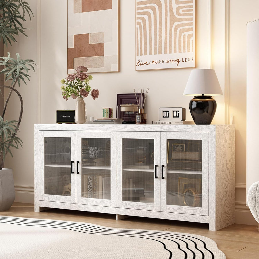 Modern White Sideboard Buffet Cabinet 4 Door Glass Storage Unit 180cm