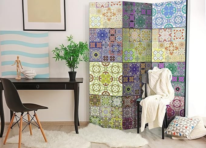 Colourful Patchwork Tile Design 3-Panel Privacy Folding Room Divider 135x172cm