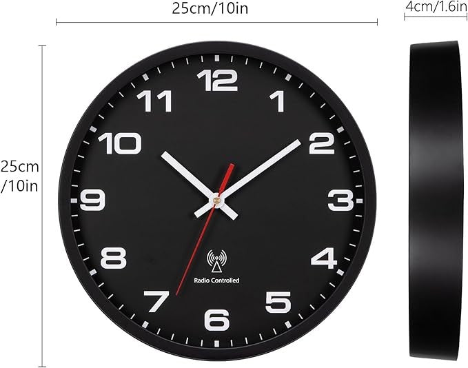 25cm Radio Controlled Wall Clock Silent Easy Read Modern Black Quartz Battery