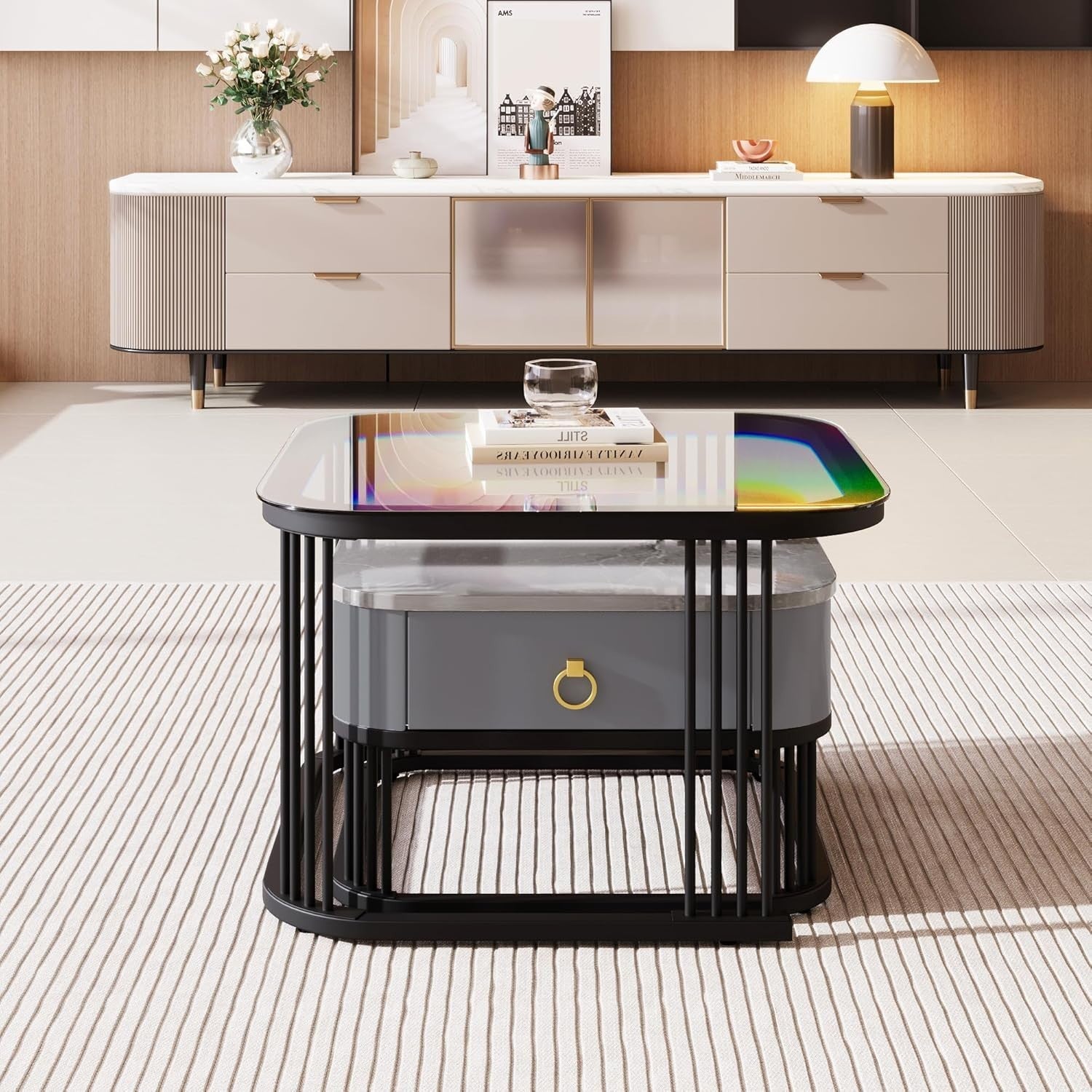 2x Nesting Coffee Tables Set Storage Drawer Marble Look & Glass Top Metal Frame
