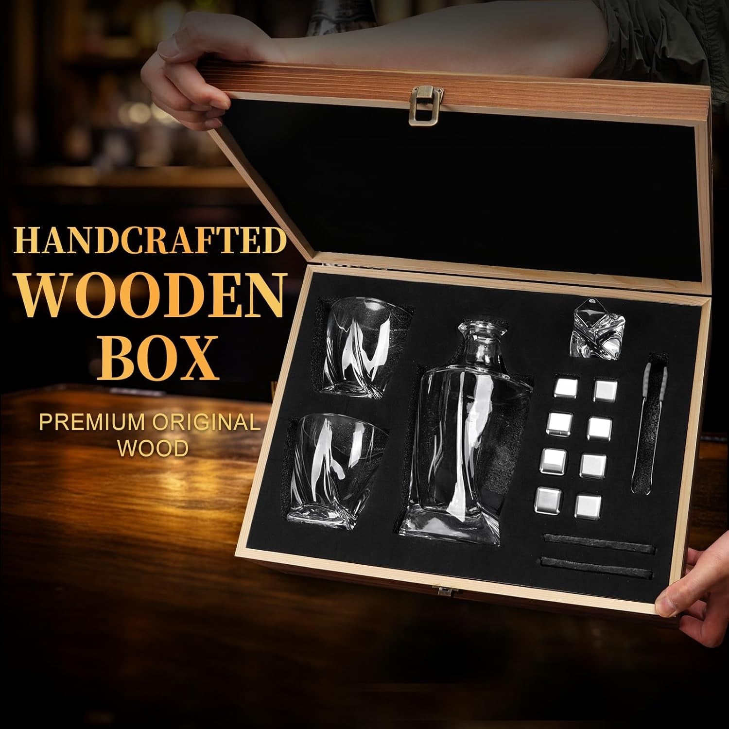 Luxury Whiskey Decanter Gift Set Crystal Glasses Wooden Box Steel Ice Cubes Men