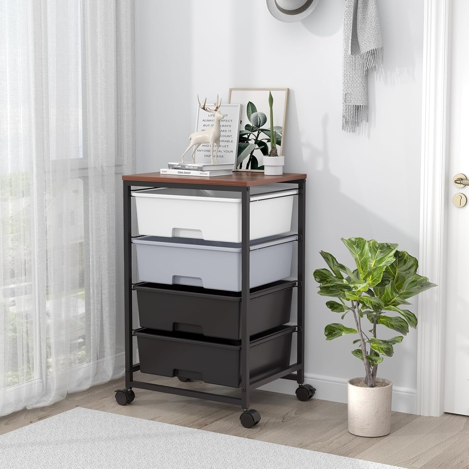 4 Drawer Mobile Storage Cart Utility Organizer Trolley w/ Wooden Top