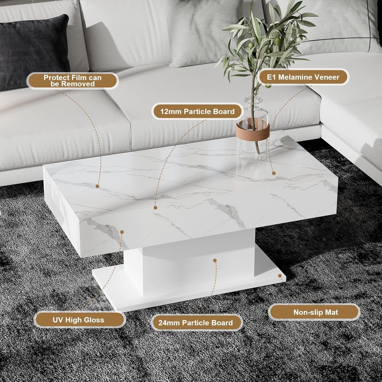White Marble LED Coffee Table, High Gloss Rectangular 110x55cm