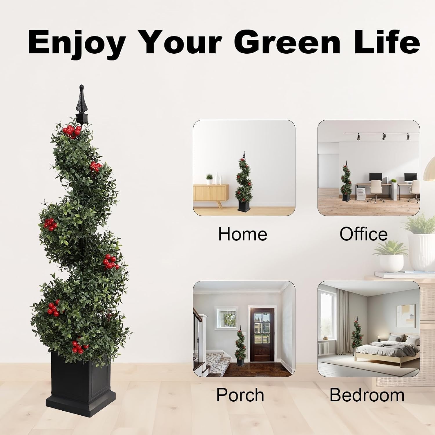 3ft 90cm Artificial Spiral Boxwood Topiary Tree with Red Fruits Indoor Outdoor