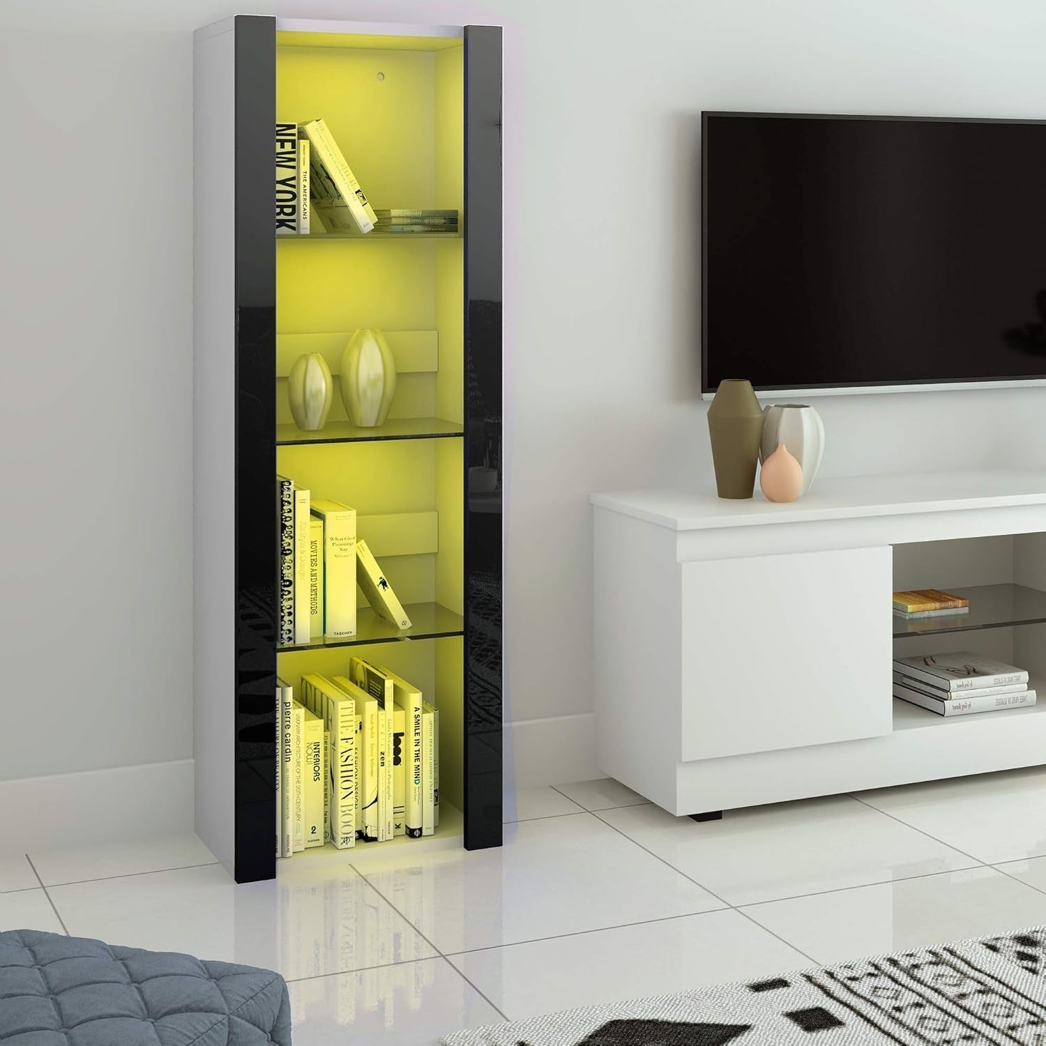 Tall Black High-Gloss Display Cabinet with Glass Shelves & RGB LED Lighting
