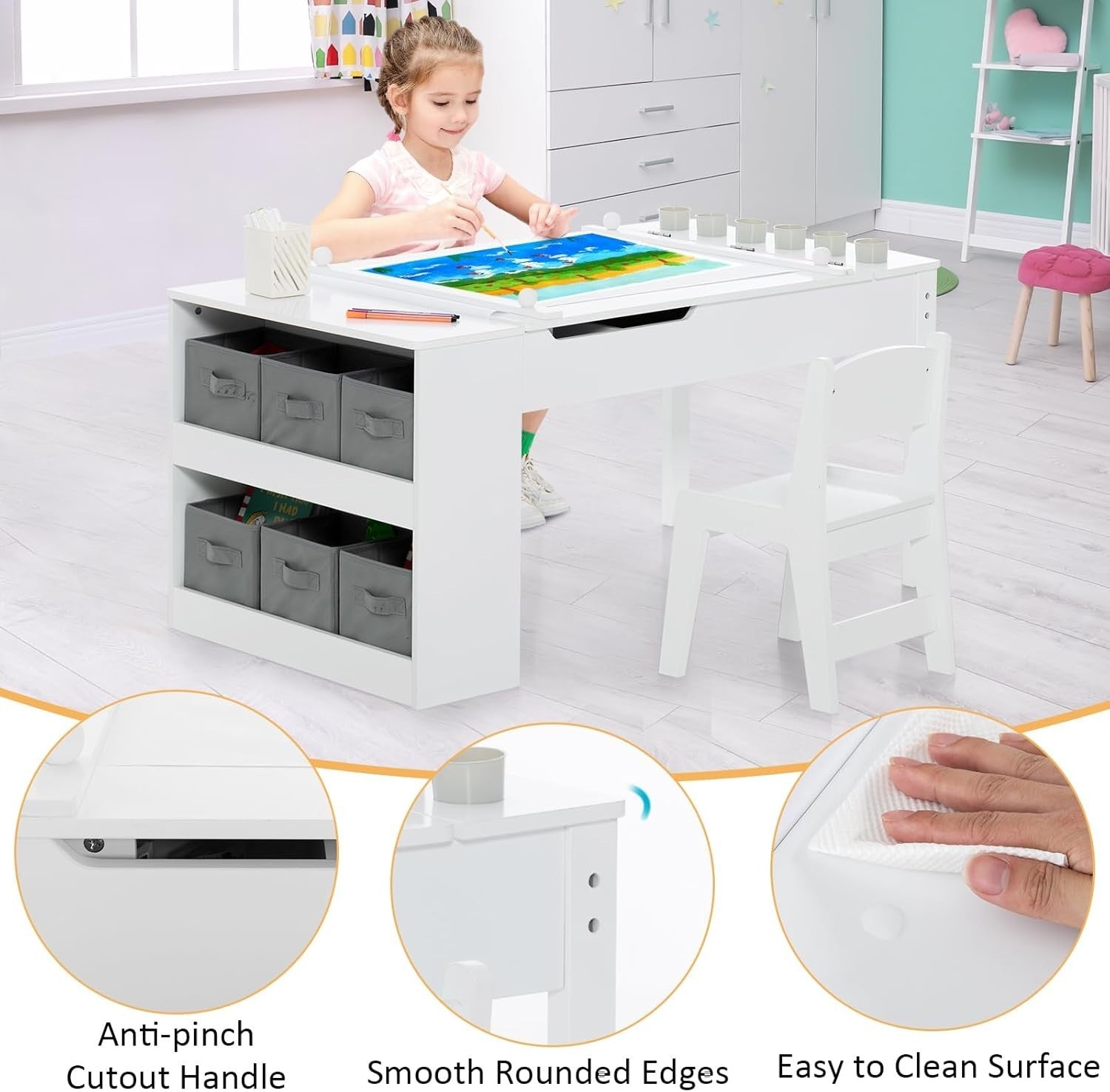 Kids Art Table Chair Set Easel Desk with Storage Bins & 6 Paint Cups