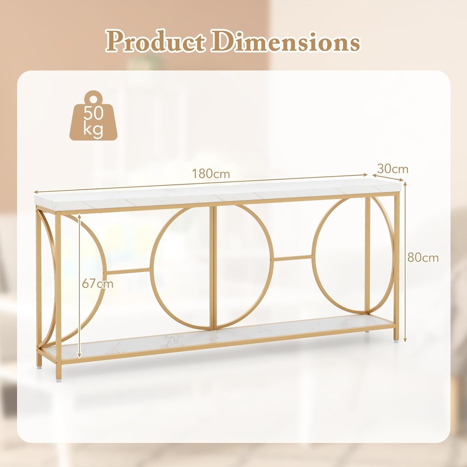 Slim 2-Tier Console Table with Storage Shelf & Faux Marble Top, Gold