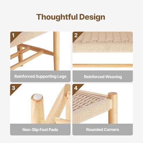 Natural Rattan Wooden Bench with Oak Legs, Handwoven Seat & Shoe Storage