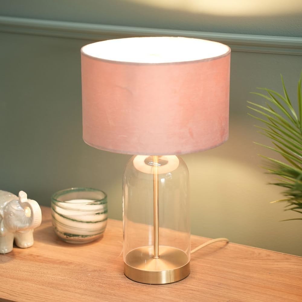 Gold Glass Table Lamp Pink Velvet Shade Bedside Desk Light Modern Decor