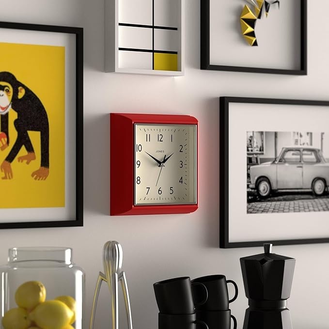 Red Retro Square Wall Clock 25cm Silent Quartz Easy Read Modern Kitchen Office