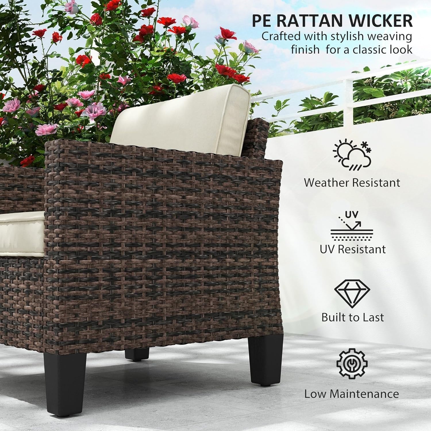 Rattan Garden Armchair with Cushions Brown Outdoor Patio Conservatory Chair