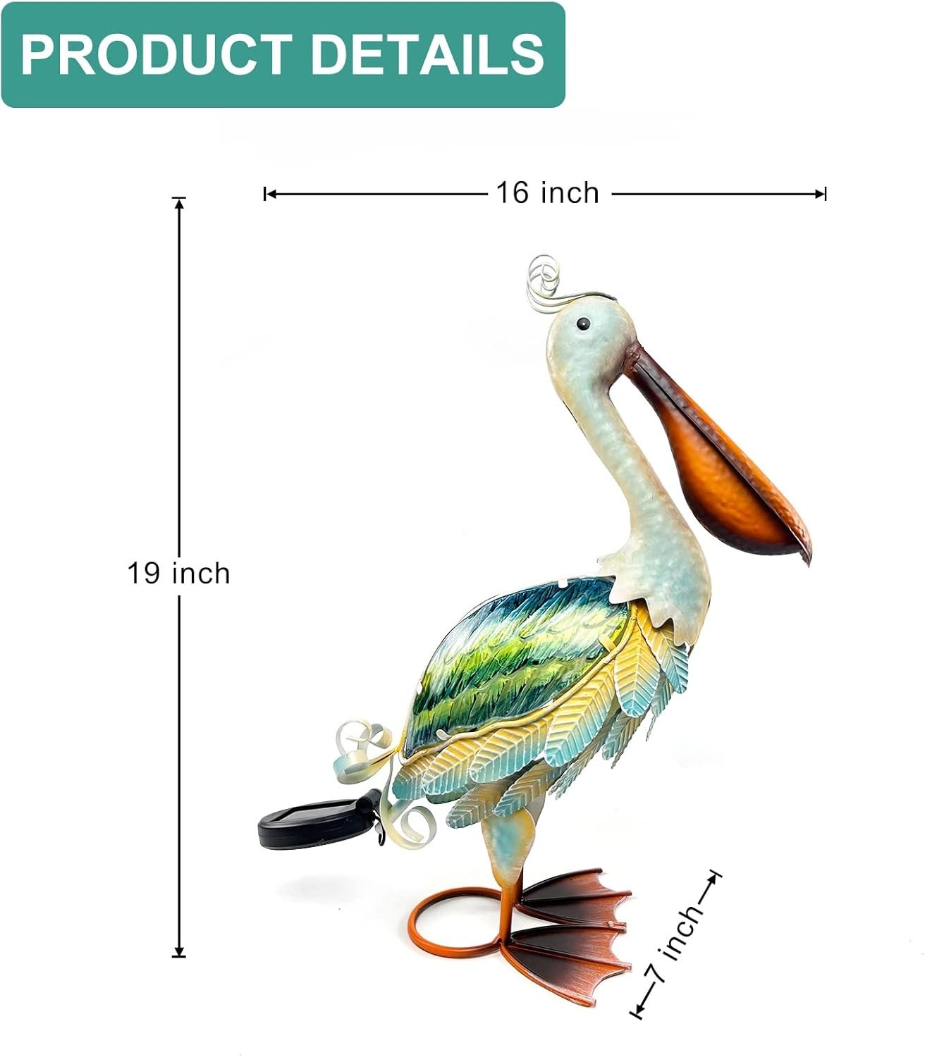 Solar Pelican Garden Statue 40.6cm Metal Glass Coastal Bird Outdoor Yard Decor