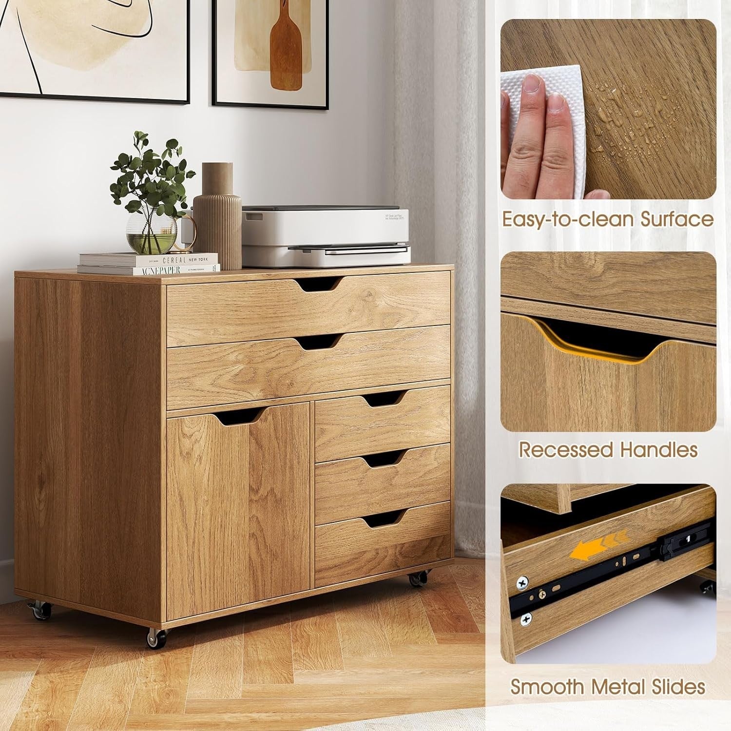 Natural Mobile File Cabinet 5 Drawer Side Cupboard Rolling Printer Stand