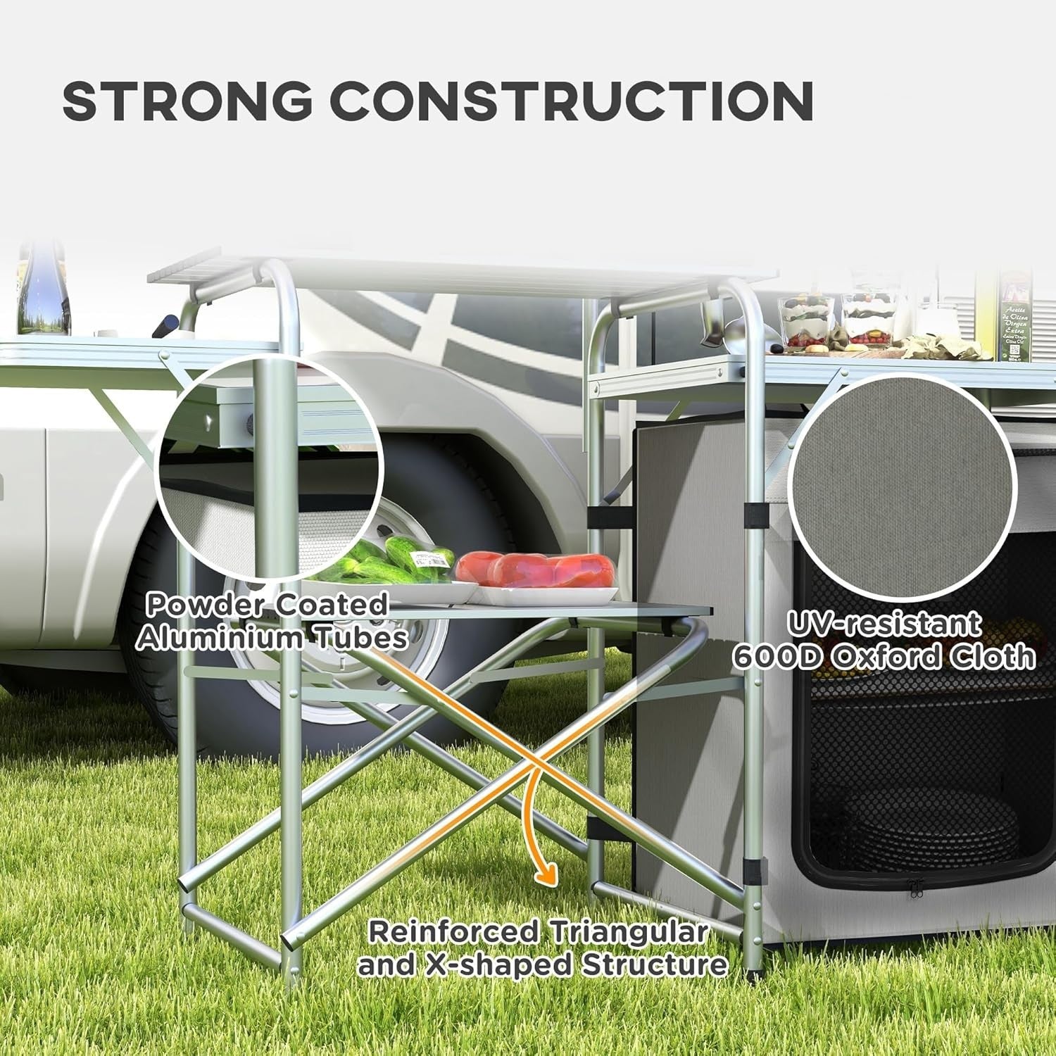 Folding Camping Kitchen Table with Windshield Cupboard Sink BBQ Light