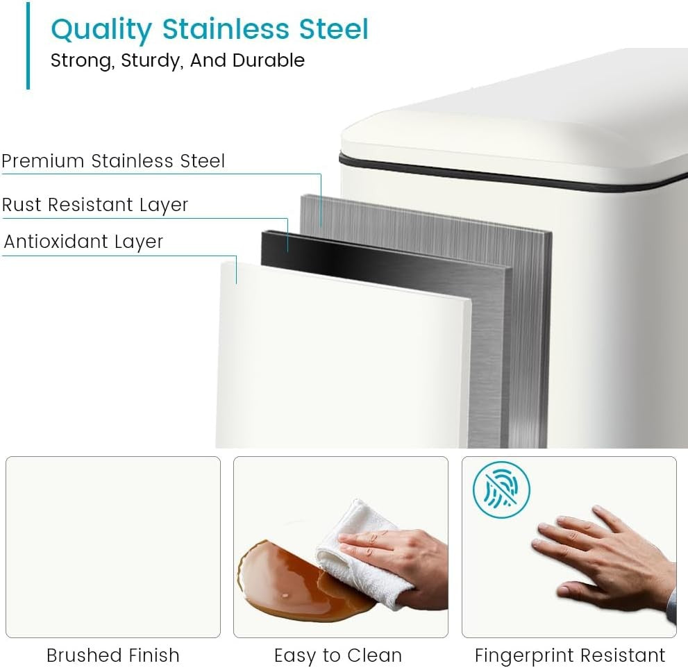 45L White Stainless Steel Pedal Bin Slim Kitchen Soft Close Lid
