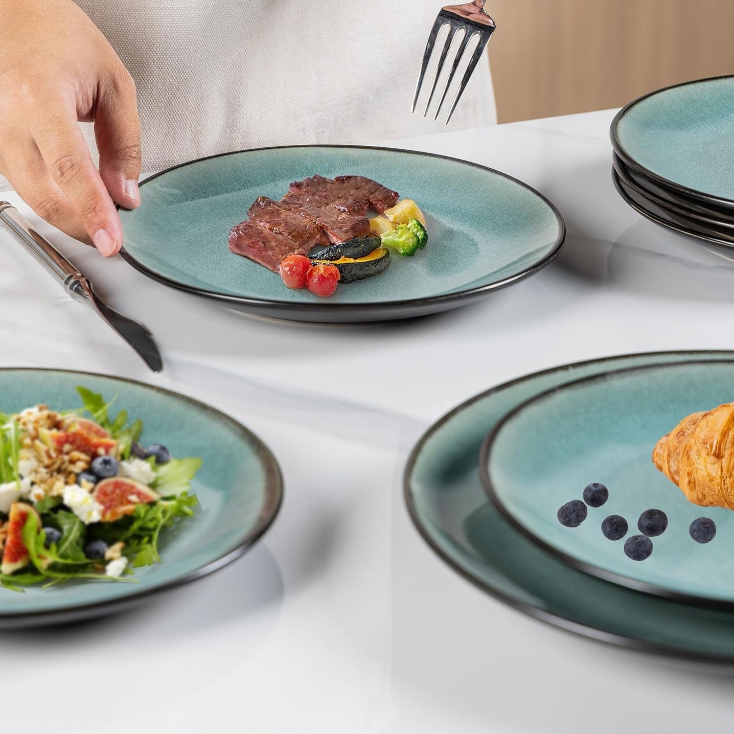 12pc Stoneware Dinner Set for 4 Plates Bowls Scratch Resistant Dishwasher Safe