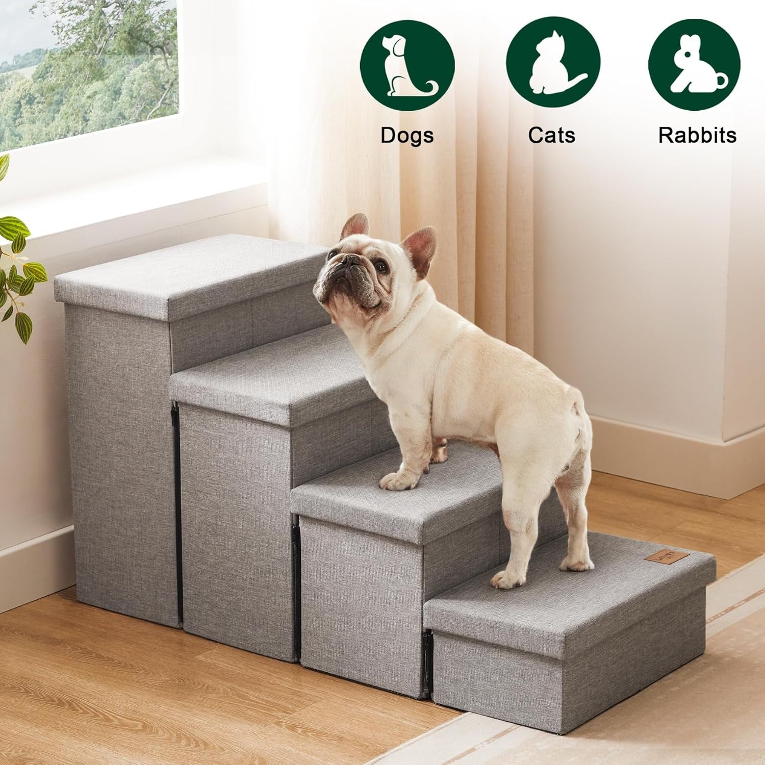 Dog Stairs 4 Step with Storage Foldable Pet Steps Solid Grey 200lb