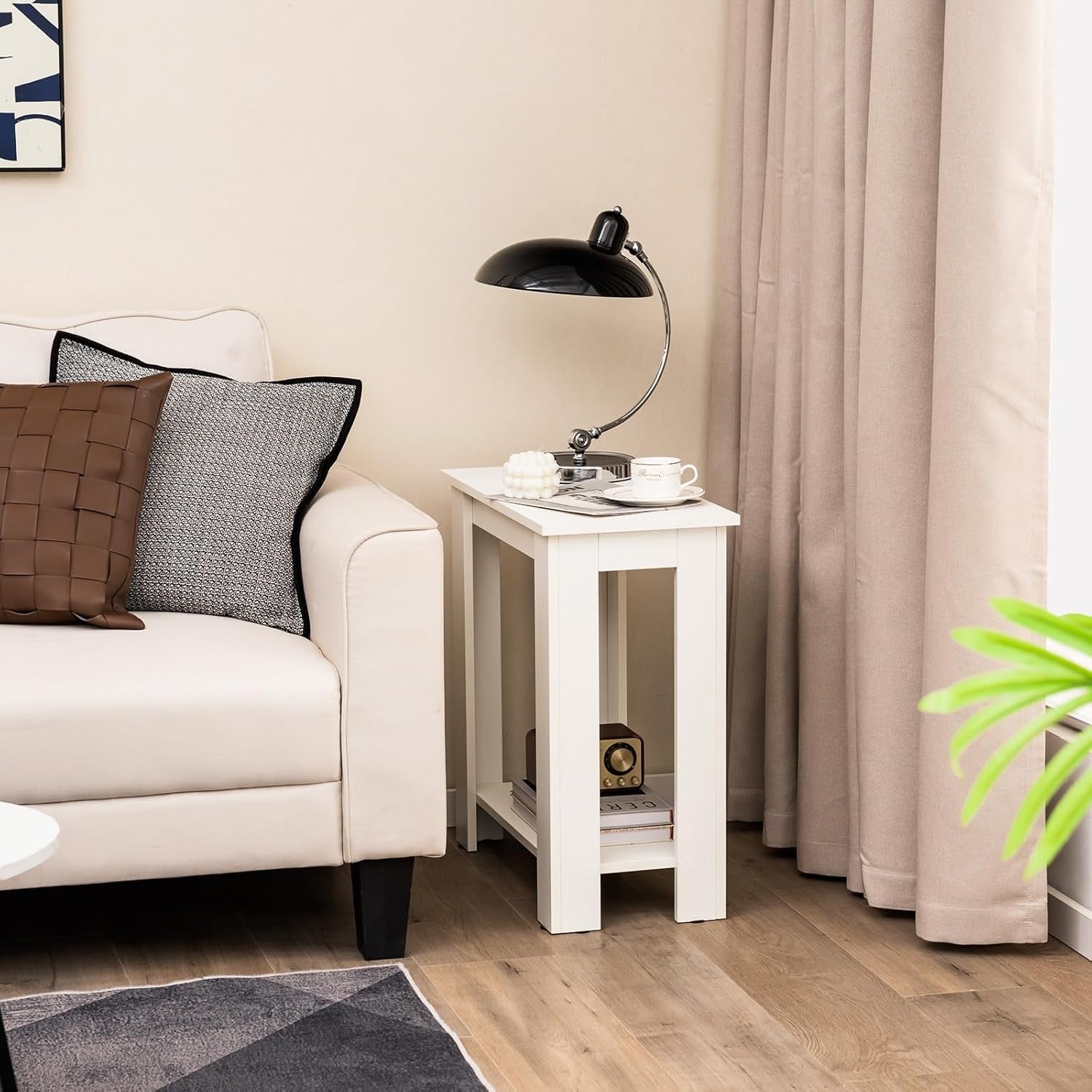 Slim White 2-Tier Bedside Table with Storage Shelf – Modern Compact Side Table