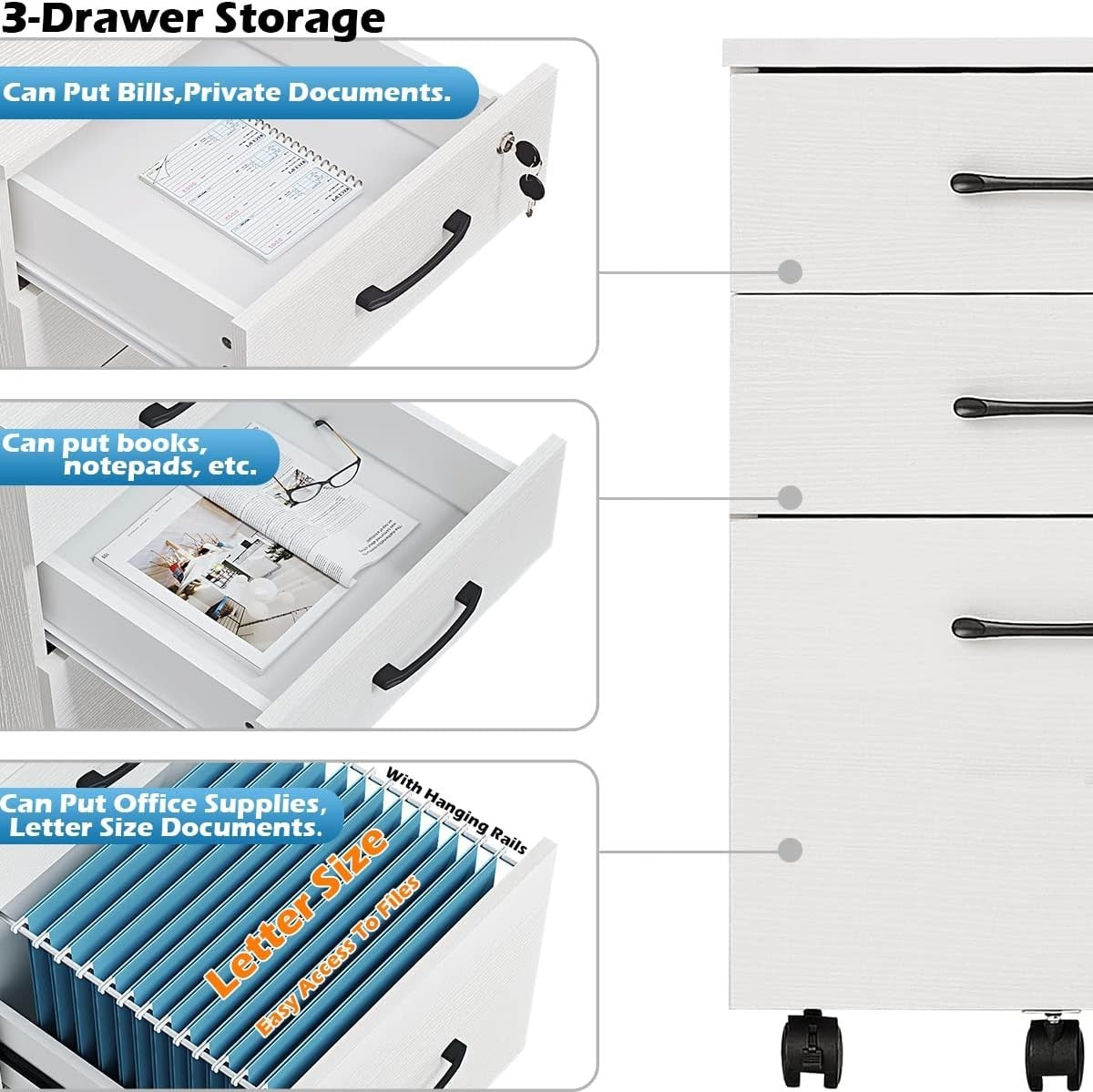 White Rolling File Cabinet 3 Drawer Locking Under Desk Letter Storage